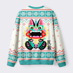 Kyoto-Lion Lucky Tile Cat Fuzzy Christmas Ugly Sweatshirt