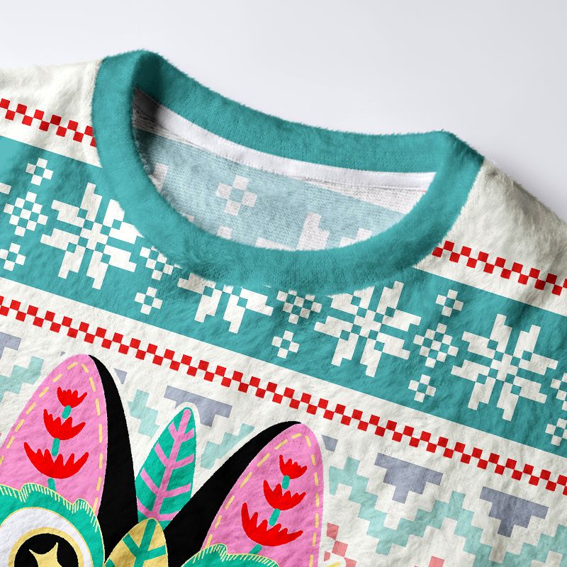 Kyoto-Lion Lucky Tile Cat Fuzzy Christmas Ugly Sweatshirt