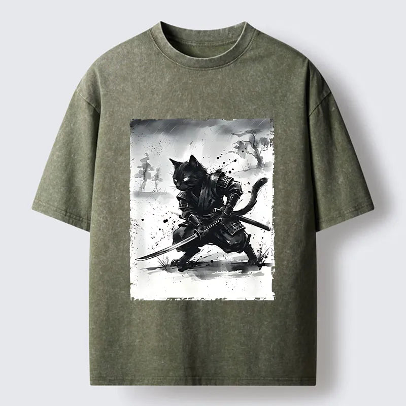 Kyoto-Lion Ink Samurai Cat Art Washed T-Shirt