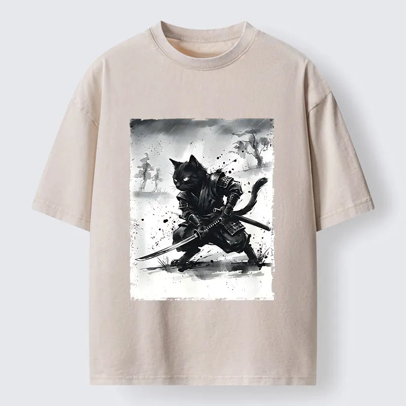 Kyoto-Lion Ink Samurai Cat Art Washed T-Shirt