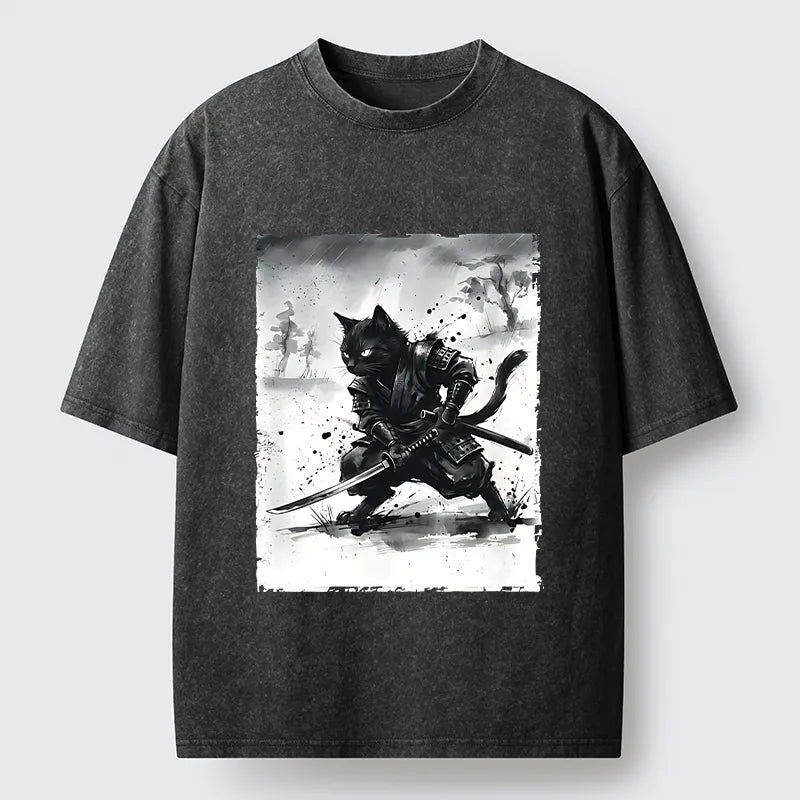 Kyoto-Lion Ink Samurai Cat Art Washed T-Shirt