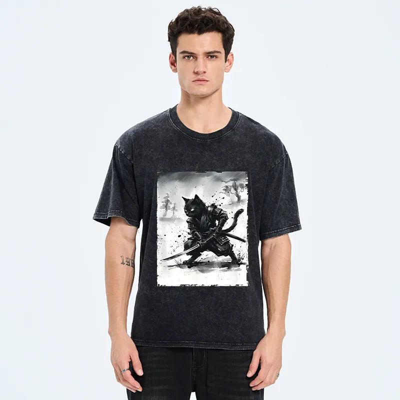 Kyoto-Lion Ink Samurai Cat Art Washed T-Shirt