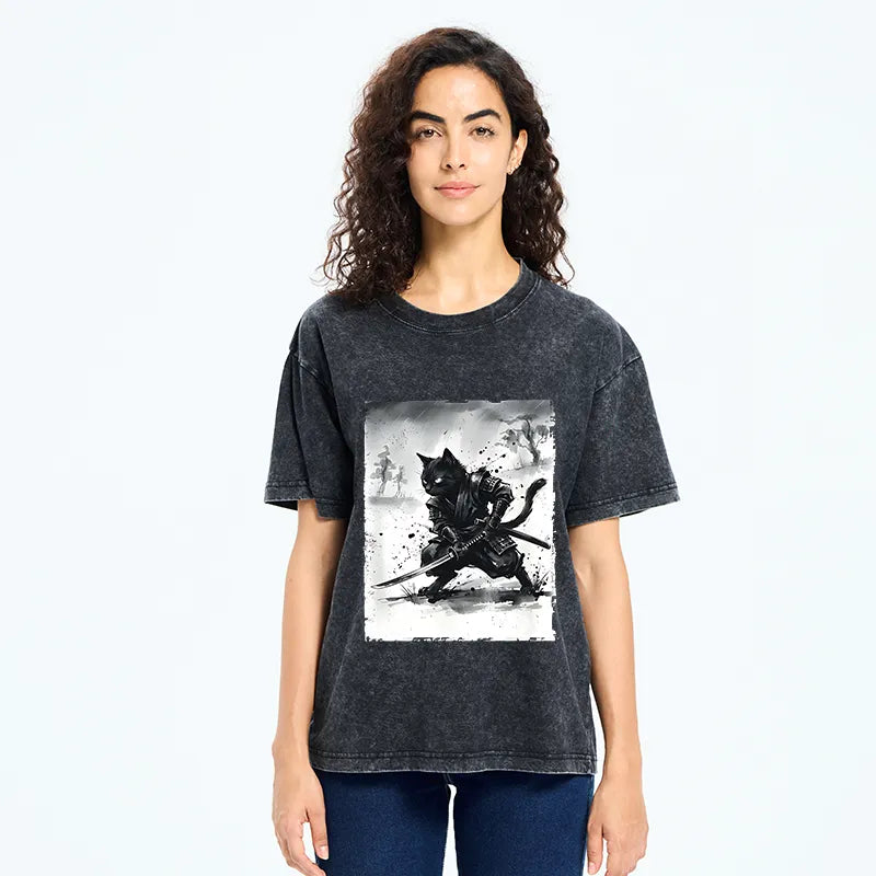 Kyoto-Lion Ink Samurai Cat Art Washed T-Shirt