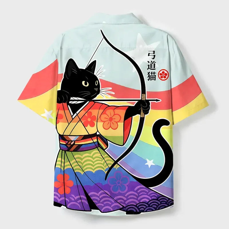 Kyoto-Lion Rainbow Kimono Cat Archery Cuban Collar Shirt