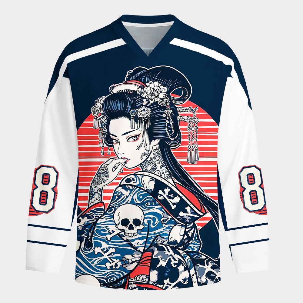 Kyoto-Lion Skeleton Sun Kimono Long-Sleeve Hockey Jersey