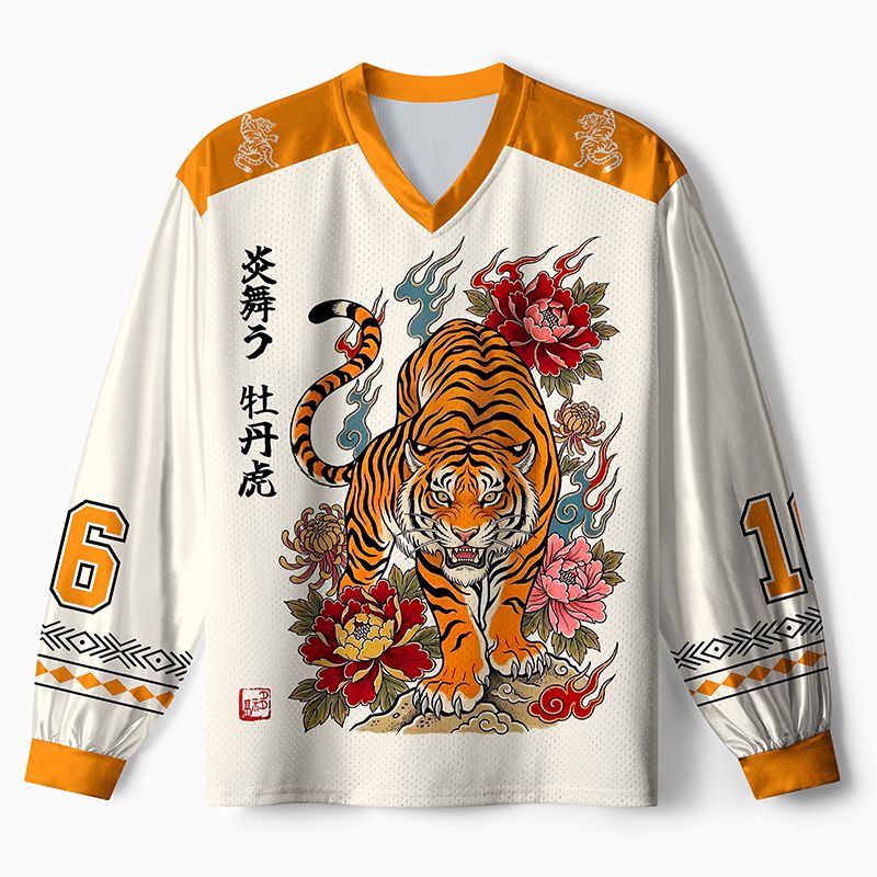 Kyoto-Lion Floral Tiger Art Paneled Long Sleeve Jersey