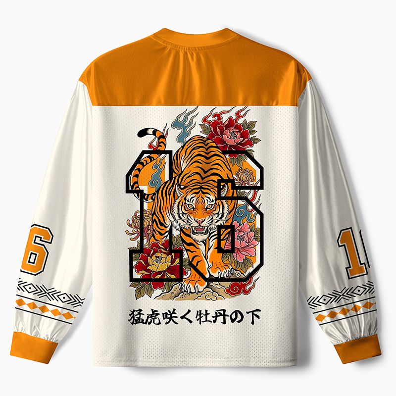 Kyoto-Lion Floral Tiger Art Paneled Long Sleeve Jersey