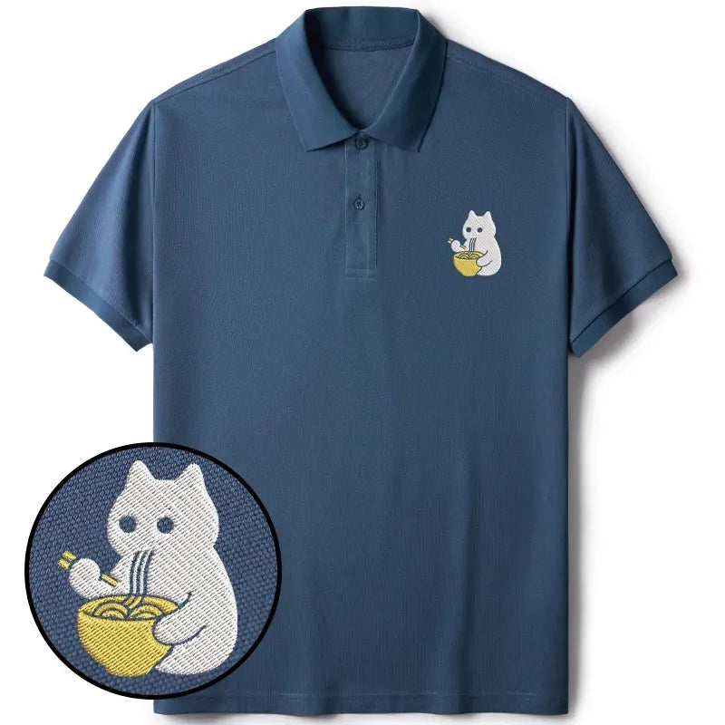 Kyoto-Lion Cat Eating Ramen Embroidered Polo T-Shirt