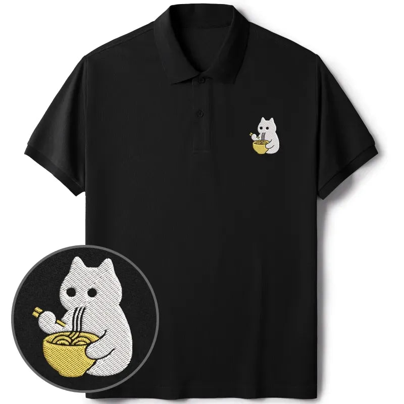 Kyoto-Lion Cat Eating Ramen Embroidered Polo T-Shirt