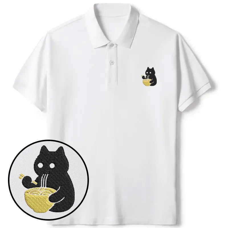Kyoto-Lion Cat Eating Ramen Embroidered Polo T-Shirt
