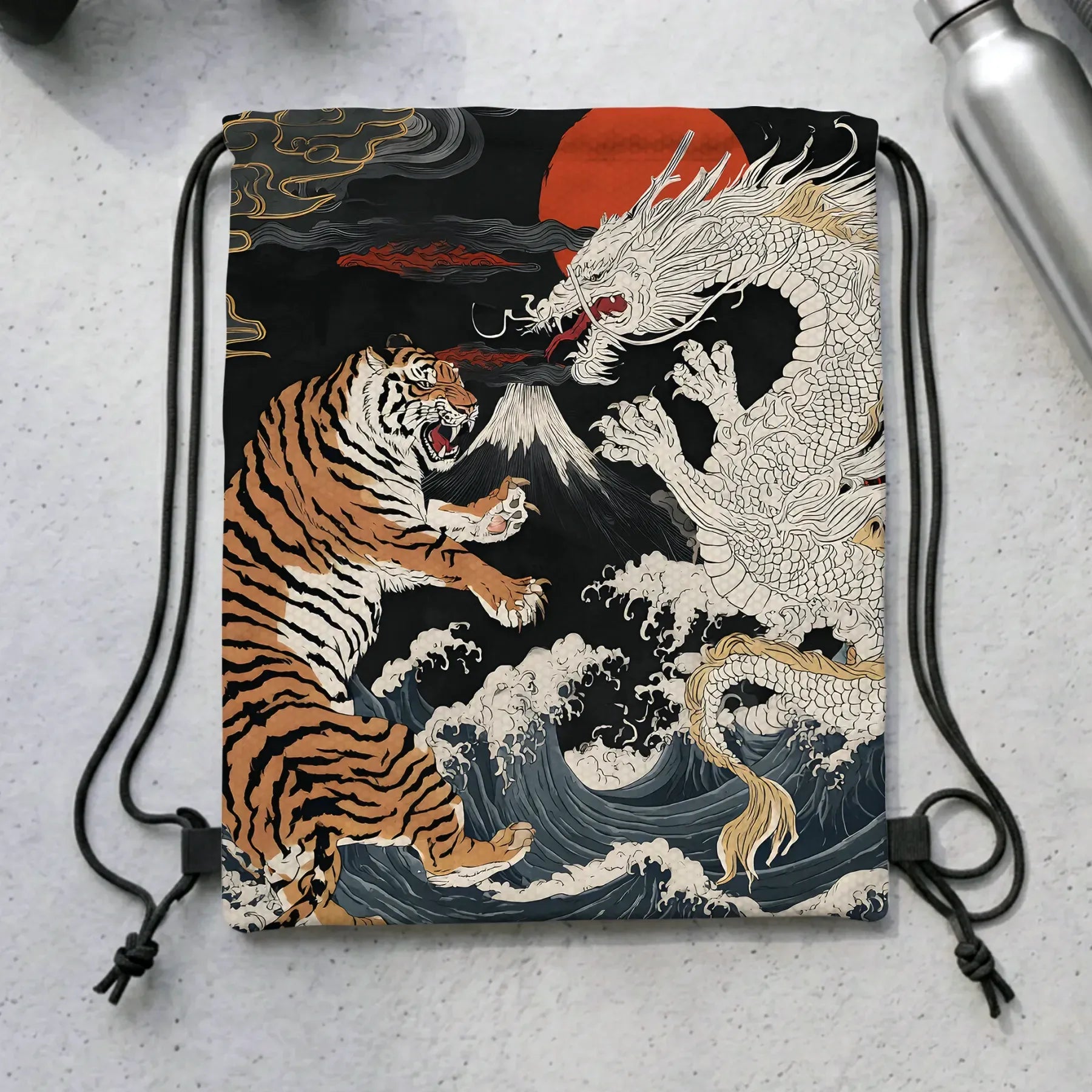 Kyoto-Lion Fight Between Dragon And Tiger Drawstring Backpack