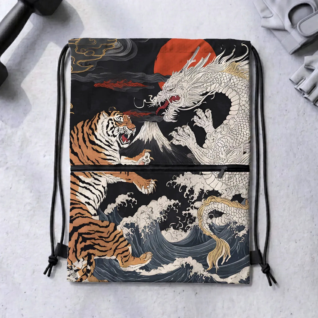 Kyoto-Lion Fight Between Dragon And Tiger Drawstring Backpack