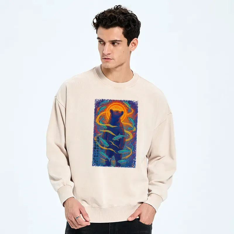 Kyoto-Lion Ukiyoe Bear and Fish Vintage Poster Washed Sweatshirt