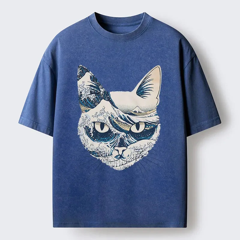 Kyoto-Lion Ukiyo-e Waves And Cats Washed T-Shirt