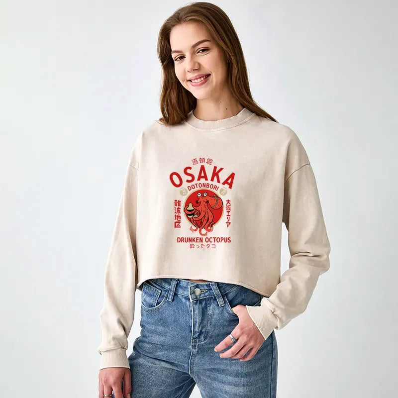 Kyoto-Lion Drunken Octopus Japan Washed Crop Sweatshirt