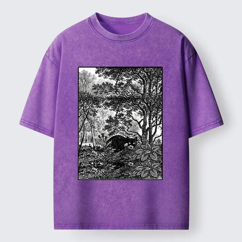 Kyoto-Lion Black Cat Hidden In Forest Woodblock Washed T-Shirt