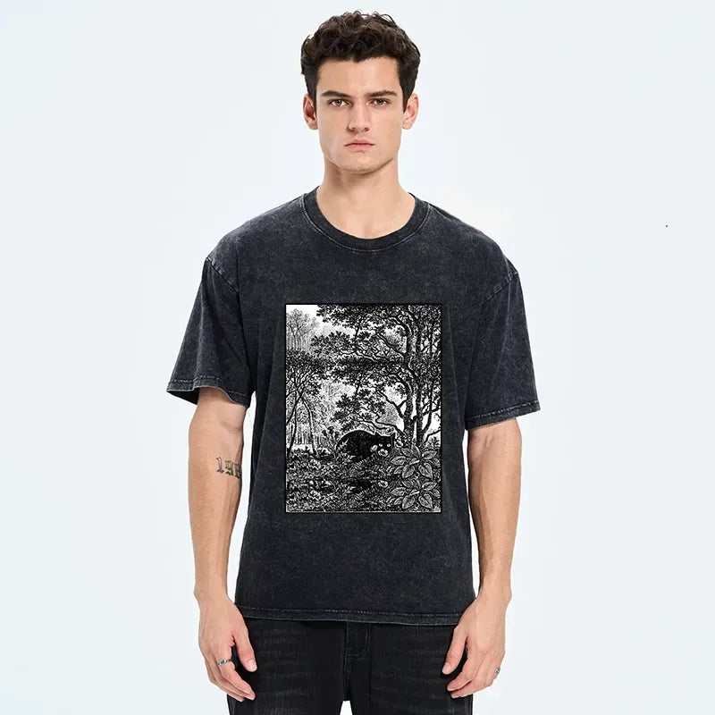 Kyoto-Lion Black Cat Hidden In Forest Woodblock Washed T-Shirt