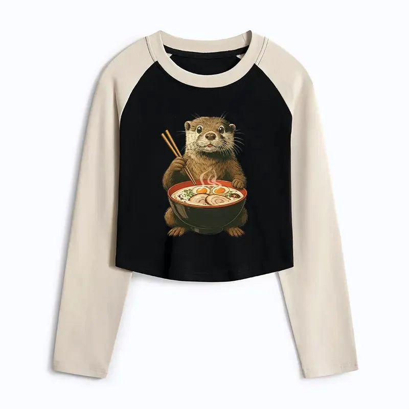 Kyoto-Lion Japanese Otter Eating Ramen Women's Crop Raglan T-Shirt