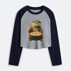 Kyoto-Lion Japanese Otter Eating Ramen Women's Crop Raglan T-Shirt