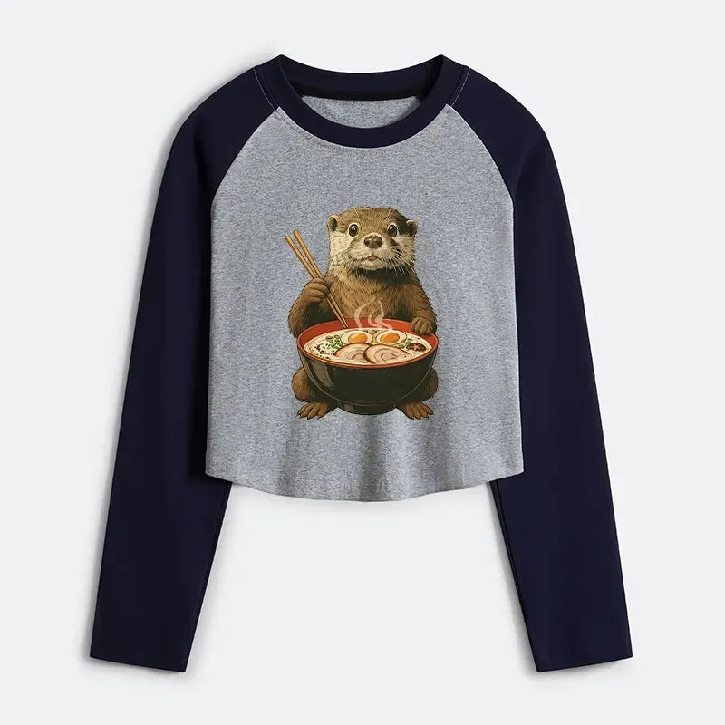 Kyoto-Lion Japanese Otter Eating Ramen Women's Crop Raglan T-Shirt