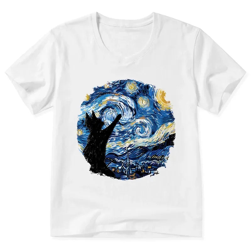 Black Cat V-Neck T-Shirt for Daily Wear