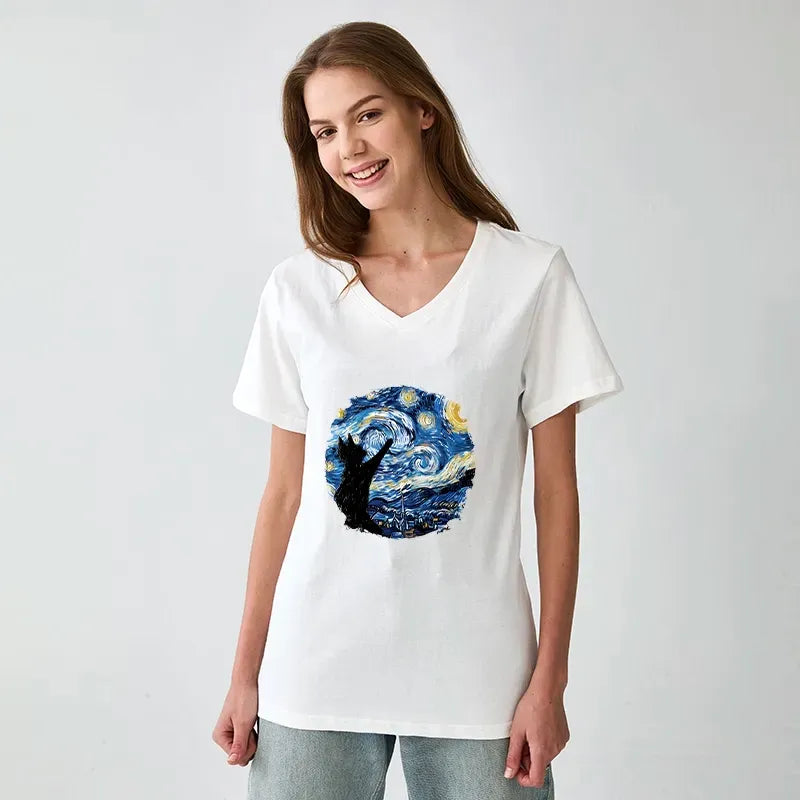 Black Cat V-Neck T-Shirt for Daily Wear