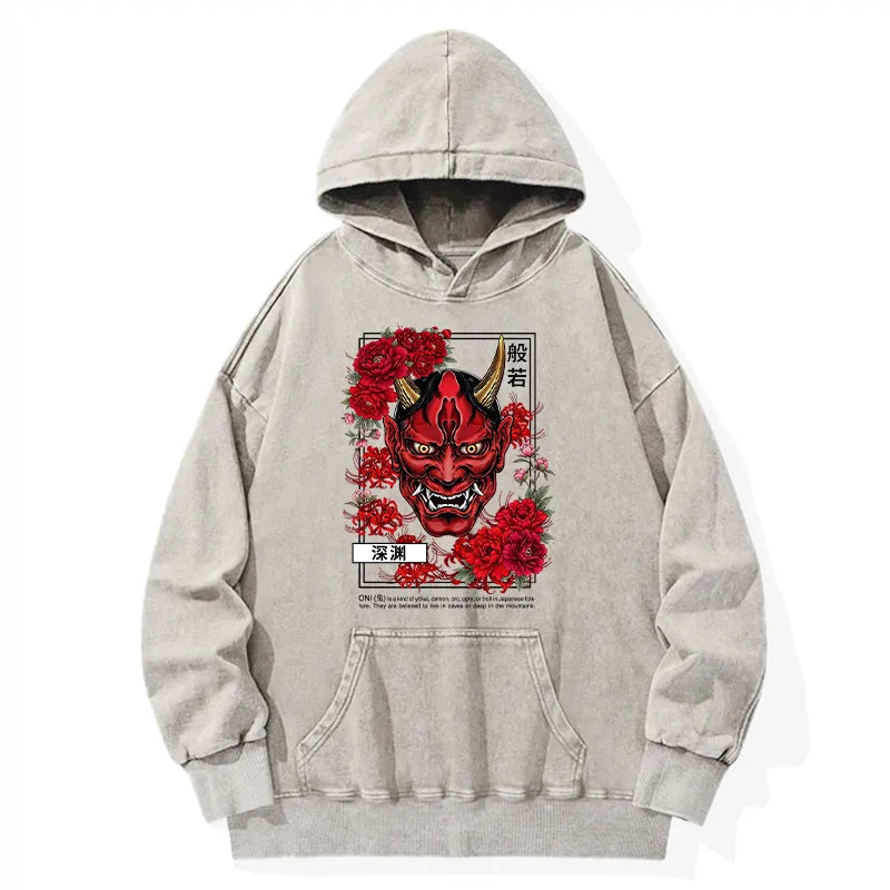 Kyoto-Lion Cool Oni Floral Art Washed Hoodie