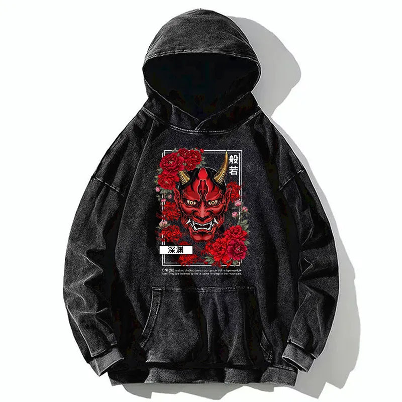 Kyoto-Lion Cool Oni Floral Art Washed Hoodie