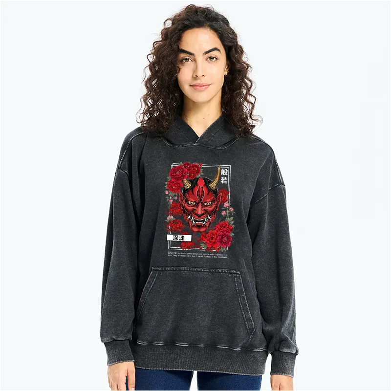 Kyoto-Lion Cool Oni Floral Art Washed Hoodie