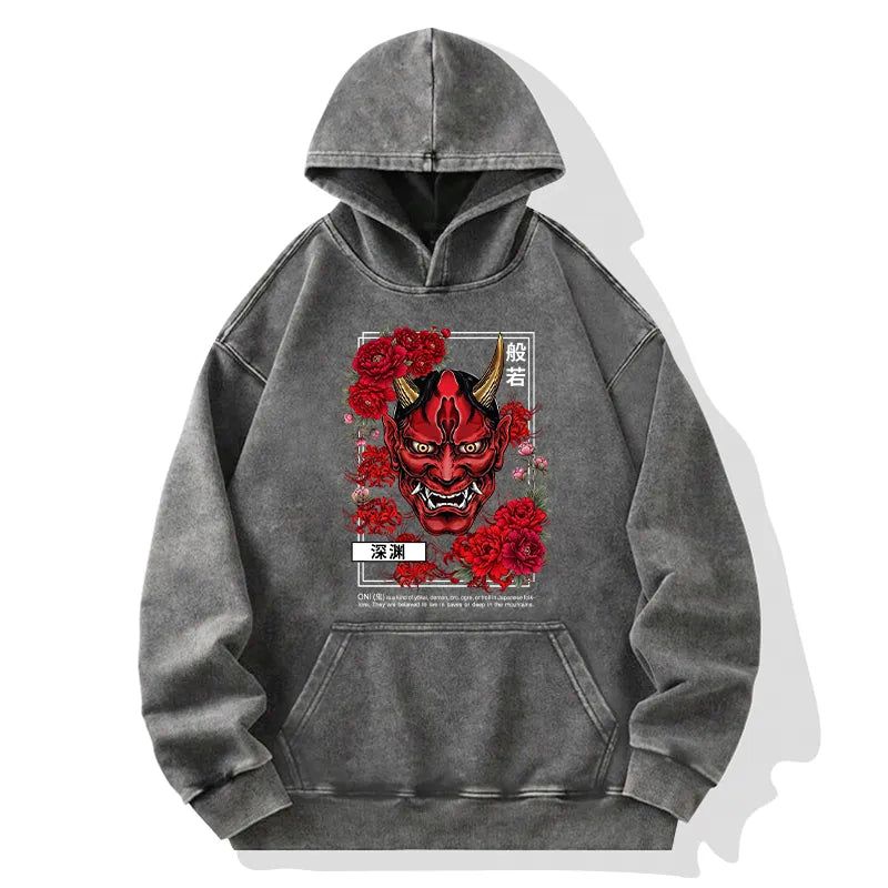 Kyoto-Lion Cool Oni Floral Art Washed Hoodie