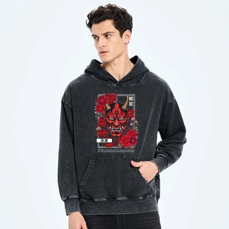 Kyoto-Lion Cool Oni Floral Art Washed Hoodie