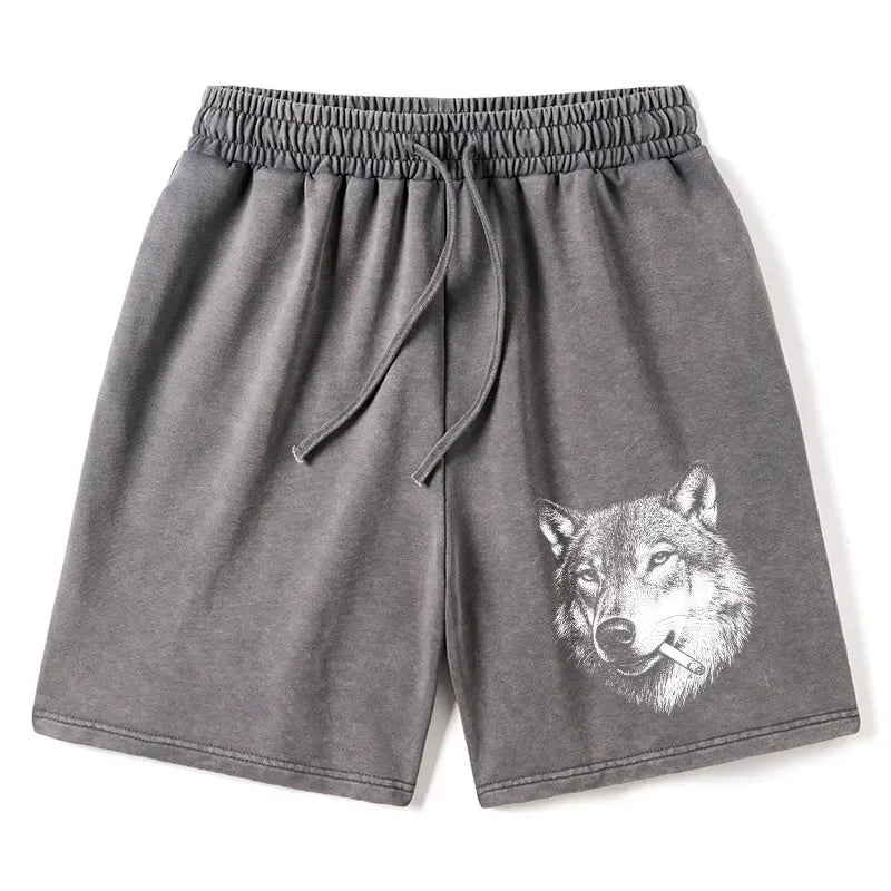 Japanese Cool Wolf Meme Washed Shorts for Summer