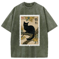 Japanese vintage black cat t-shirt for daily wear