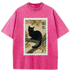 Japanese vintage black cat t-shirt for daily wear