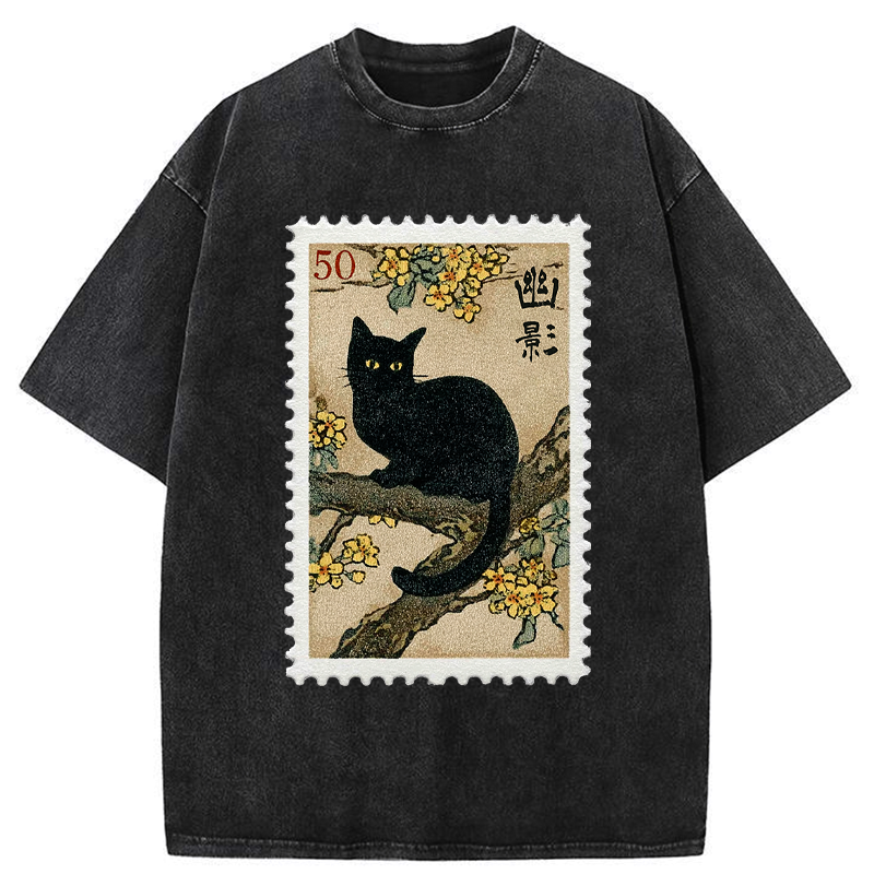 Kyoto-Lion Golden Blossom Black Cat Post Washed T-Shirt