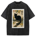Kyoto-Lion Golden Blossom Black Cat Post Washed T-Shirt