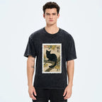 Japanese vintage black cat t-shirt for daily wear