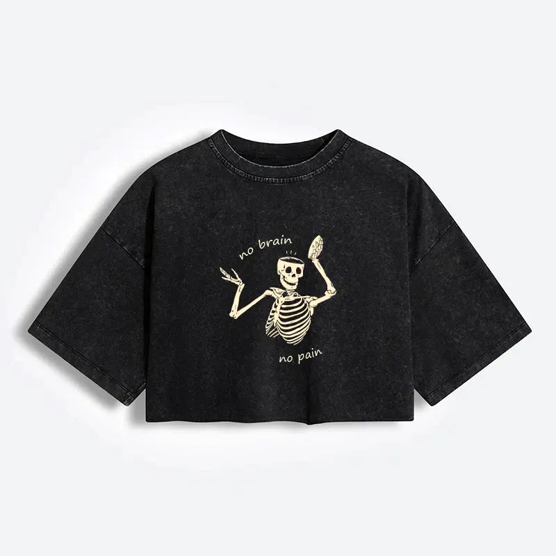 Kyoto-Lion Skeletons Feel No Pain Women's Washed Crop T-Shirt