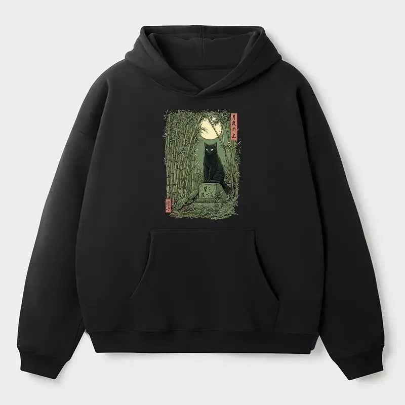Kyoto-Lion Black Cat In The Bamboo Forest Adult Fleece Hoodie