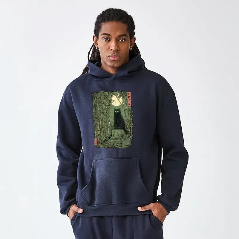 Kyoto-Lion Black Cat In The Bamboo Forest Adult Fleece Hoodie