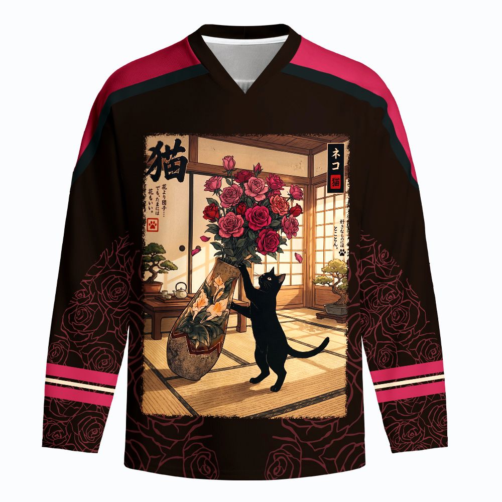 Kyoto-Lion Ukiyo-e Black Cat Rose Long-Sleeve Hockey Jersey