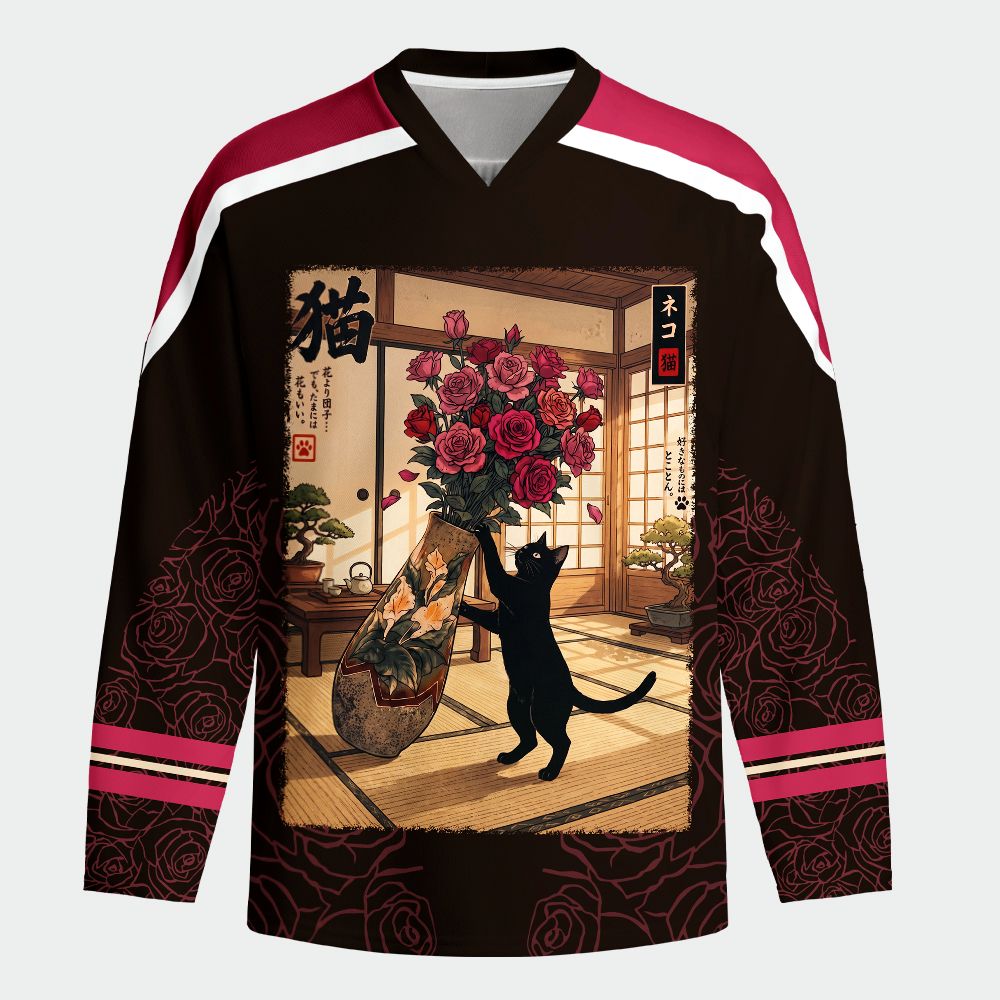 Kyoto-Lion Ukiyo-e Black Cat Rose Long-Sleeve Hockey Jersey