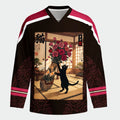 Kyoto-Lion Ukiyo-e Black Cat Rose Long-Sleeve Hockey Jersey