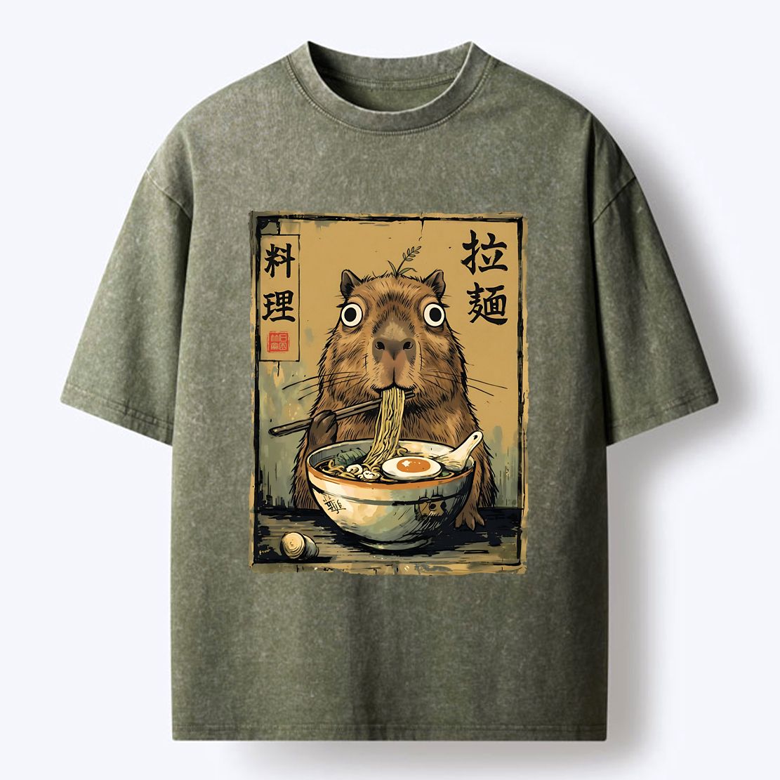 Kyoto-Lion Cute Capybara Eating Ramen Washed T-Shirt