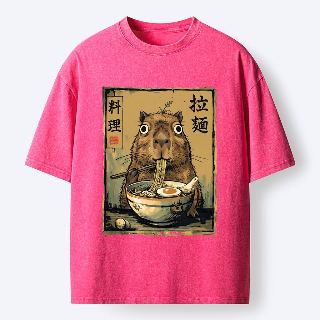 Kyoto-Lion Cute Capybara Eating Ramen Washed T-Shirt