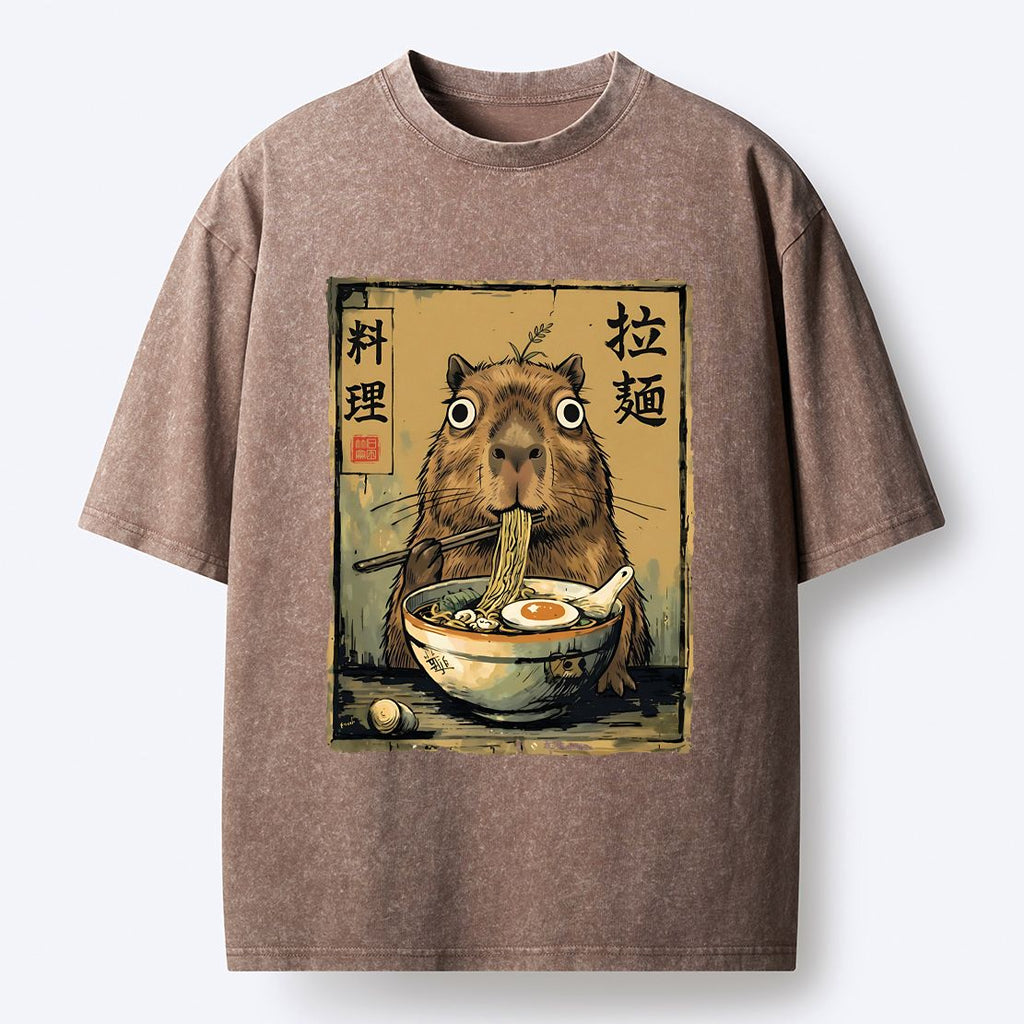 Kyoto-Lion Cute Capybara Eating Ramen Washed T-Shirt