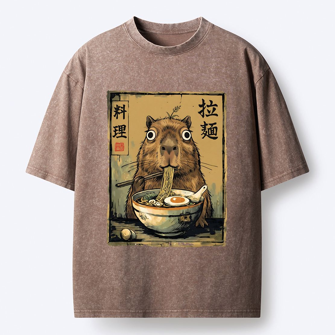 Kyoto-Lion Cute Capybara Eating Ramen Washed T-Shirt