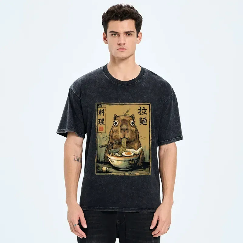 Kyoto-Lion Cute Capybara Eating Ramen Washed T-Shirt