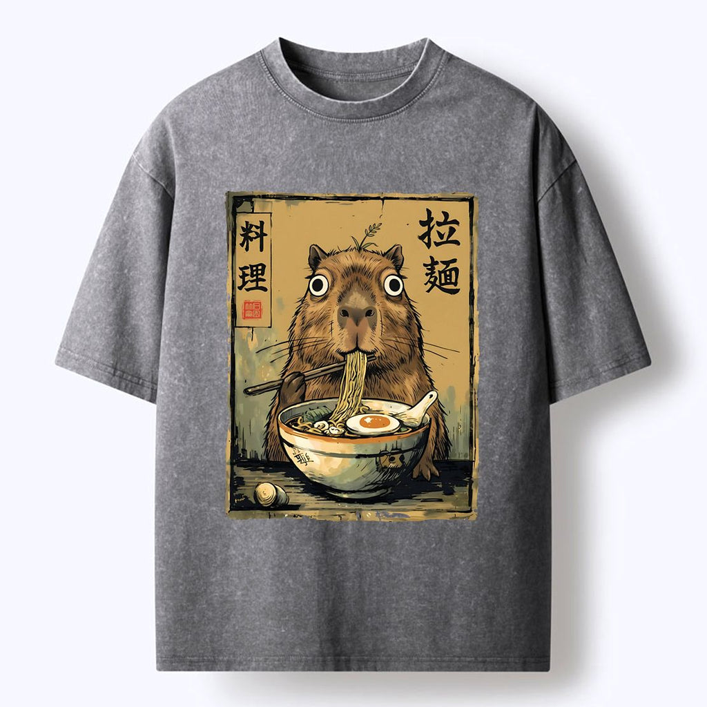 Kyoto-Lion Cute Capybara Eating Ramen Washed T-Shirt