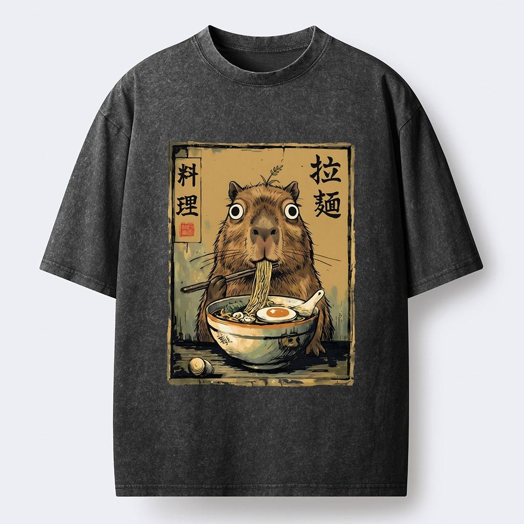 Cute Capybara Eating Ramen Washed T-Shirt for Summer
